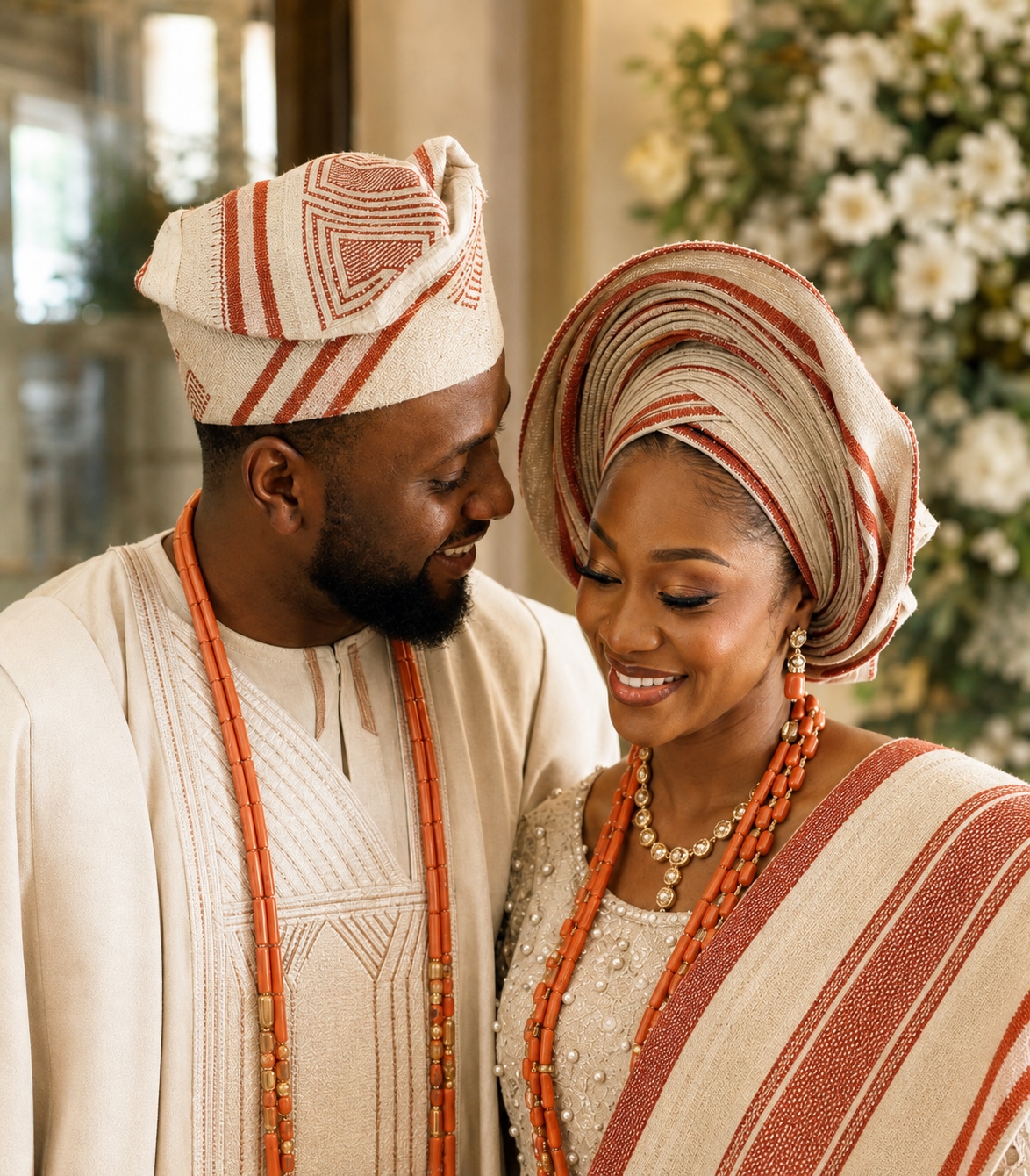 Couple in striped aso-oke and coral beads sharing a quiet wedding moment.