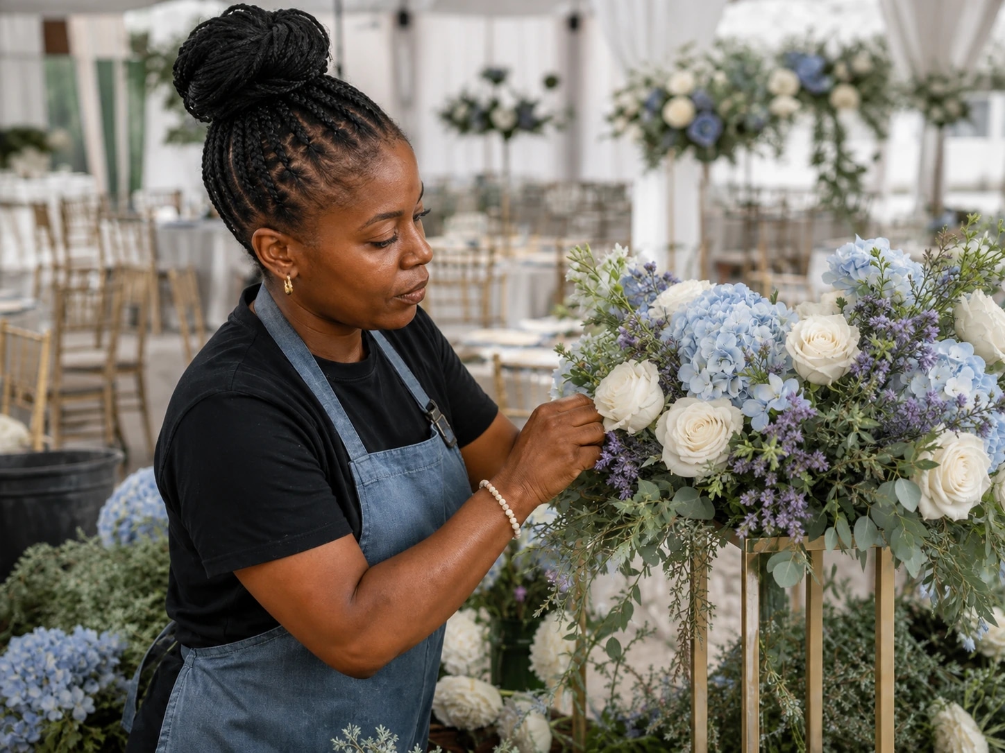 Florist arranging white and pale-blue flowers for a Nigerian wedding.