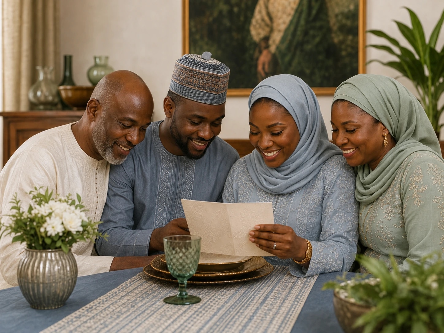 A couple and older family members in blue and sage attire sharing their wedding invitation.