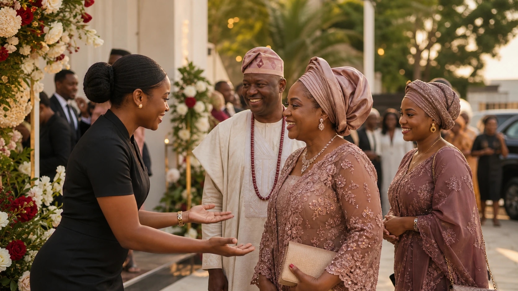 Guests in lilac traditional attire being welcomed at a Nigerian wedding venue.