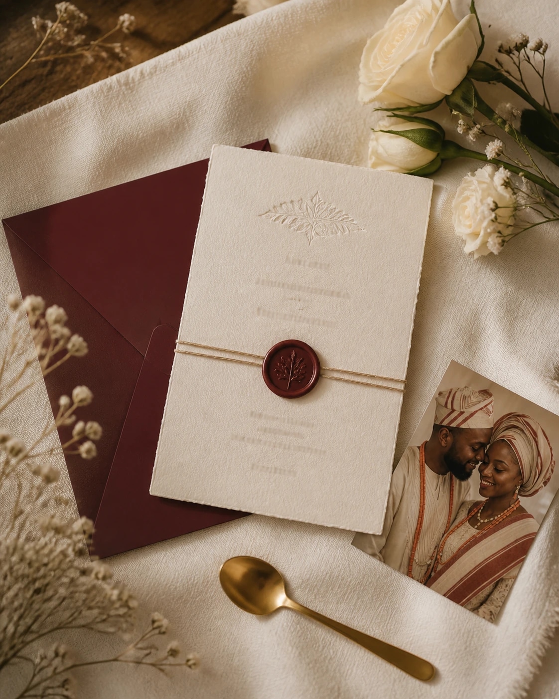 Wedding stationery, flowers and a couple photograph arranged on ivory fabric.